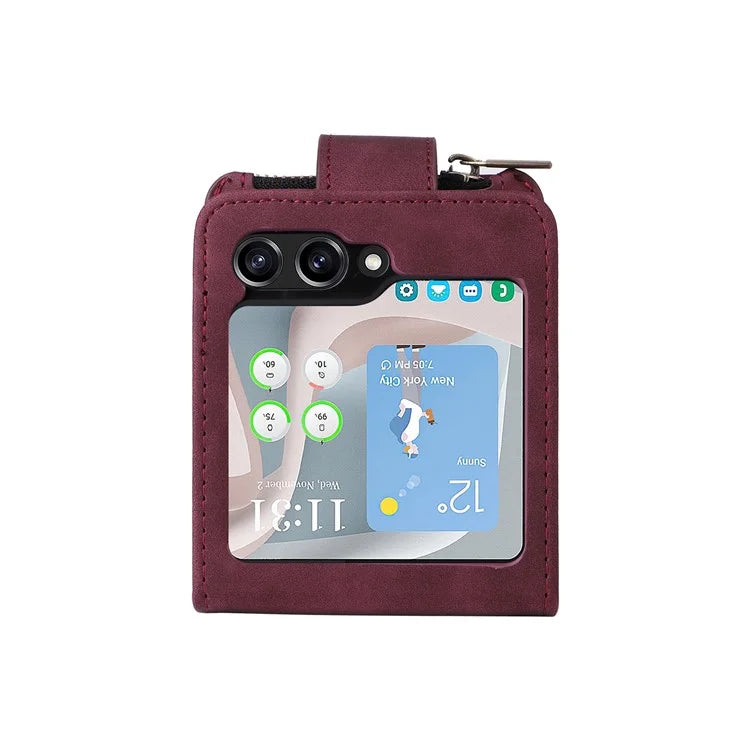 For Samsung Galaxy Z Flip5 5G Cell Phone Case Zipper Wallet Leather Cover with Long and Short Straps