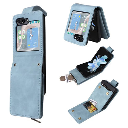 For Samsung Galaxy Z Flip5 5G Cell Phone Case Zipper Wallet Leather Cover with Long and Short Straps