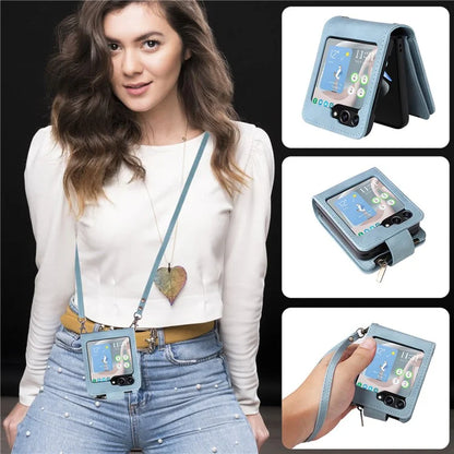For Samsung Galaxy Z Flip5 5G Cell Phone Case Zipper Wallet Leather Cover with Long and Short Straps