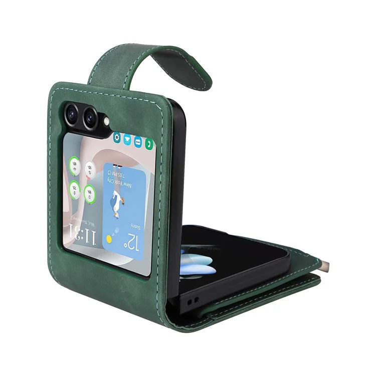 For Samsung Galaxy Z Flip5 5G Cell Phone Case Zipper Wallet Leather Cover with Long and Short Straps