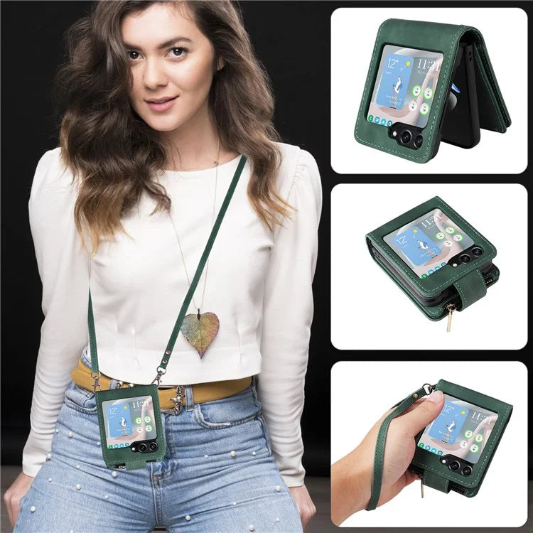 For Samsung Galaxy Z Flip5 5G Cell Phone Case Zipper Wallet Leather Cover with Long and Short Straps