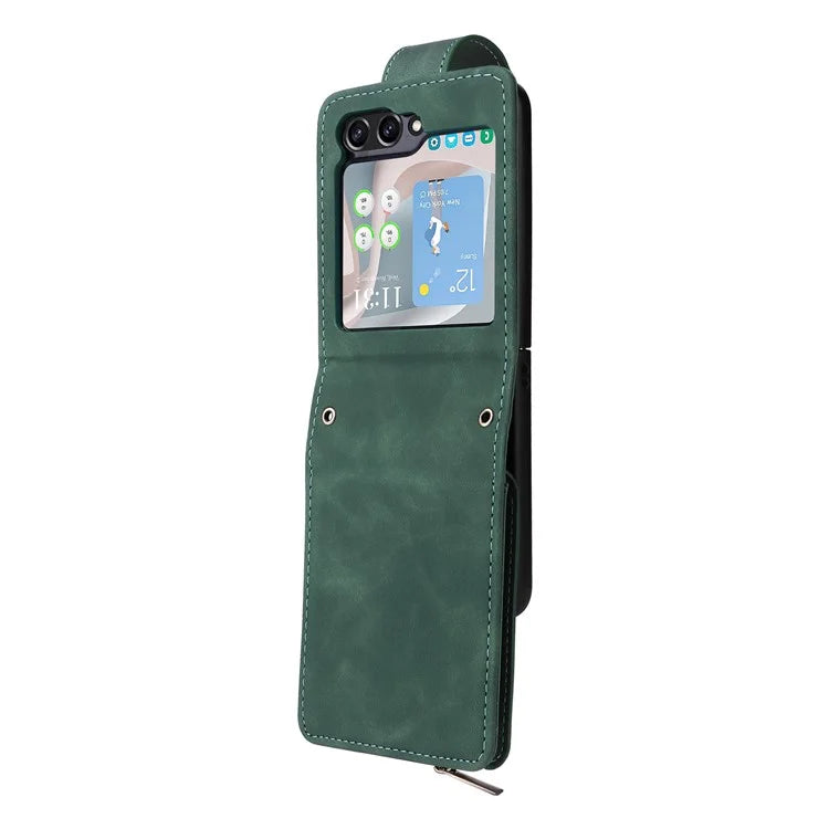 For Samsung Galaxy Z Flip5 5G Cell Phone Case Zipper Wallet Leather Cover with Long and Short Straps