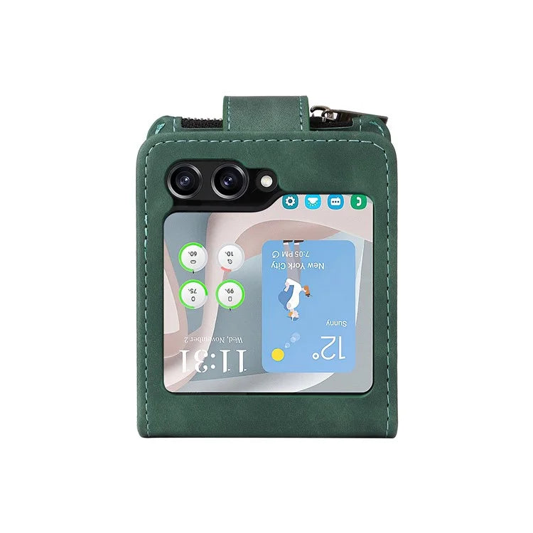 For Samsung Galaxy Z Flip5 5G Cell Phone Case Zipper Wallet Leather Cover with Long and Short Straps