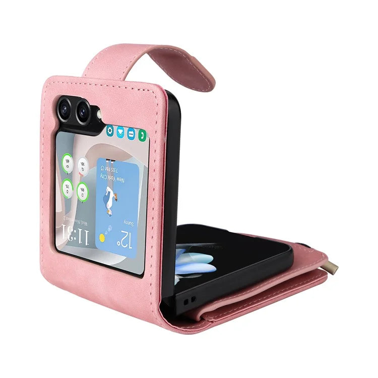 For Samsung Galaxy Z Flip5 5G Cell Phone Case Zipper Wallet Leather Cover with Long and Short Straps