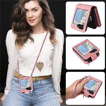 For Samsung Galaxy Z Flip5 5G Cell Phone Case Zipper Wallet Leather Cover with Long and Short Straps