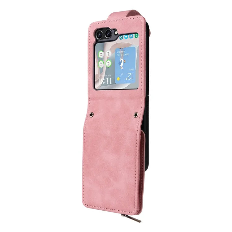 For Samsung Galaxy Z Flip5 5G Cell Phone Case Zipper Wallet Leather Cover with Long and Short Straps