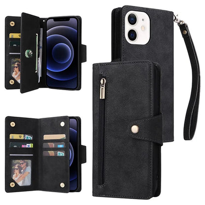 For iPhone 12 6.1 inch Case PU Leather Rivet Decor 9 Card Slots Phone Cover