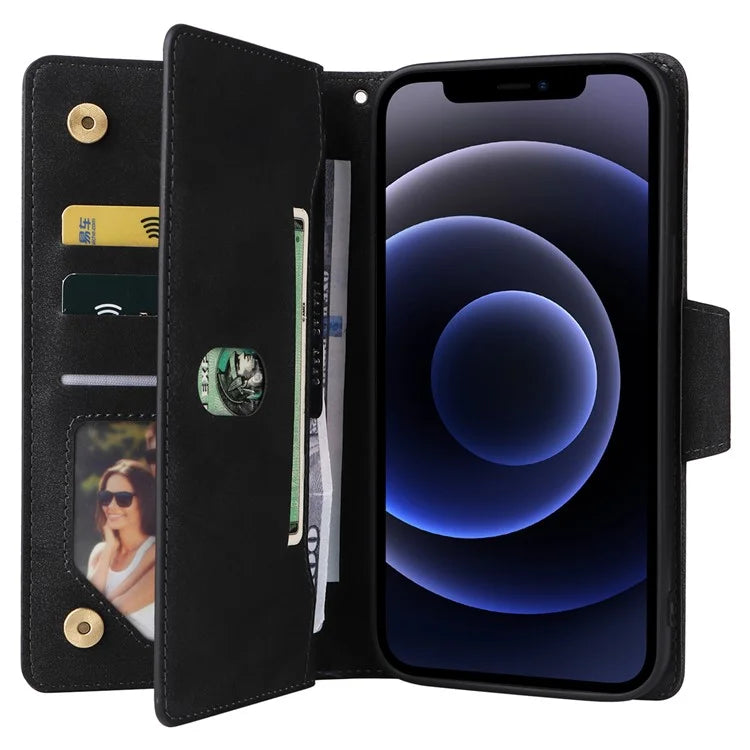 For iPhone 12 6.1 inch Case PU Leather Rivet Decor 9 Card Slots Phone Cover