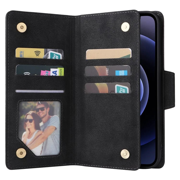For iPhone 12 6.1 inch Case PU Leather Rivet Decor 9 Card Slots Phone Cover