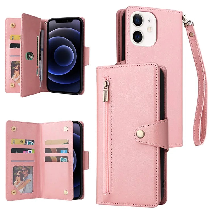 For iPhone 12 6.1 inch Case PU Leather Rivet Decor 9 Card Slots Phone Cover