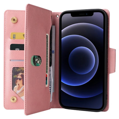 For iPhone 12 6.1 inch Case PU Leather Rivet Decor 9 Card Slots Phone Cover
