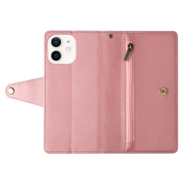For iPhone 12 6.1 inch Case PU Leather Rivet Decor 9 Card Slots Phone Cover