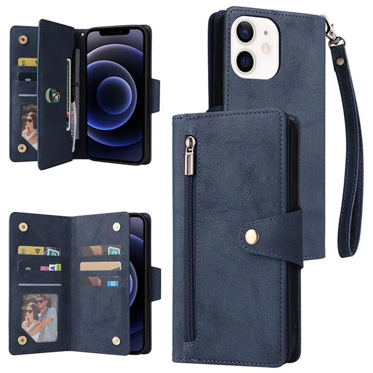For iPhone 12 6.1 inch Case PU Leather Rivet Decor 9 Card Slots Phone Cover