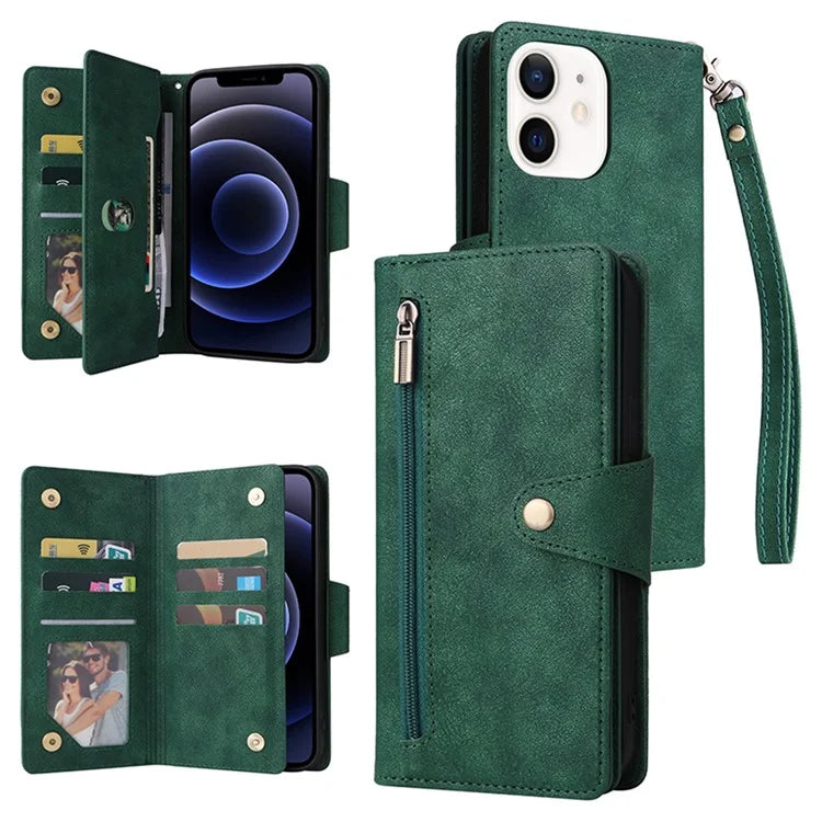 For iPhone 12 6.1 inch Case PU Leather Rivet Decor 9 Card Slots Phone Cover