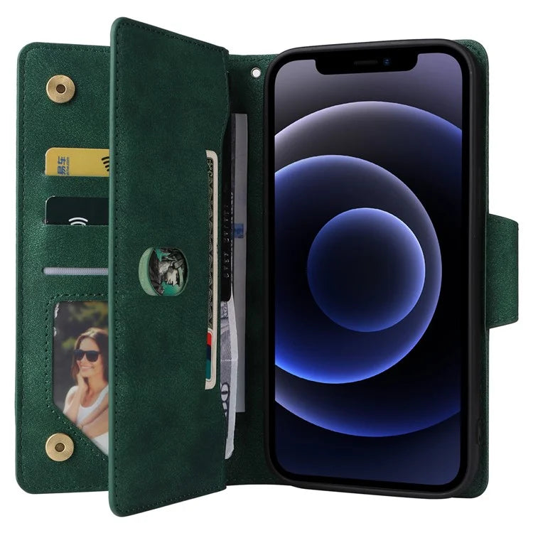 For iPhone 12 6.1 inch Case PU Leather Rivet Decor 9 Card Slots Phone Cover