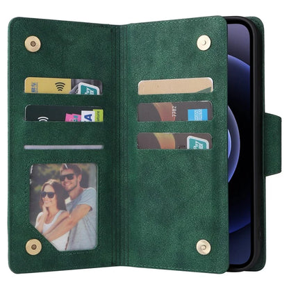 For iPhone 12 6.1 inch Case PU Leather Rivet Decor 9 Card Slots Phone Cover