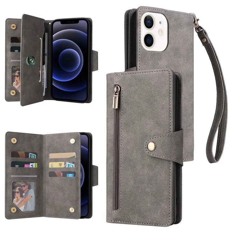 For iPhone 12 6.1 inch Case PU Leather Rivet Decor 9 Card Slots Phone Cover