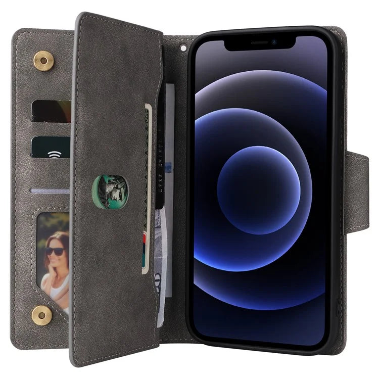 For iPhone 12 6.1 inch Case PU Leather Rivet Decor 9 Card Slots Phone Cover