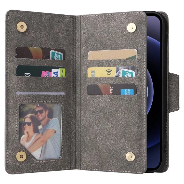 For iPhone 12 6.1 inch Case PU Leather Rivet Decor 9 Card Slots Phone Cover