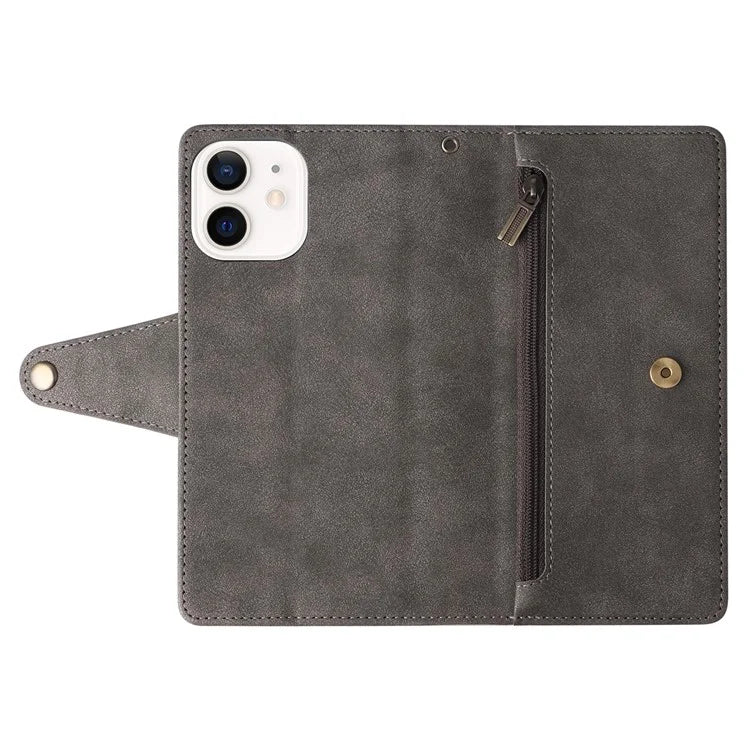 For iPhone 12 6.1 inch Case PU Leather Rivet Decor 9 Card Slots Phone Cover