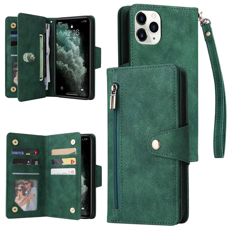 For iPhone 11 Pro Case PU Leather Rivet Decor Stand Flip Phone Cover Wallet