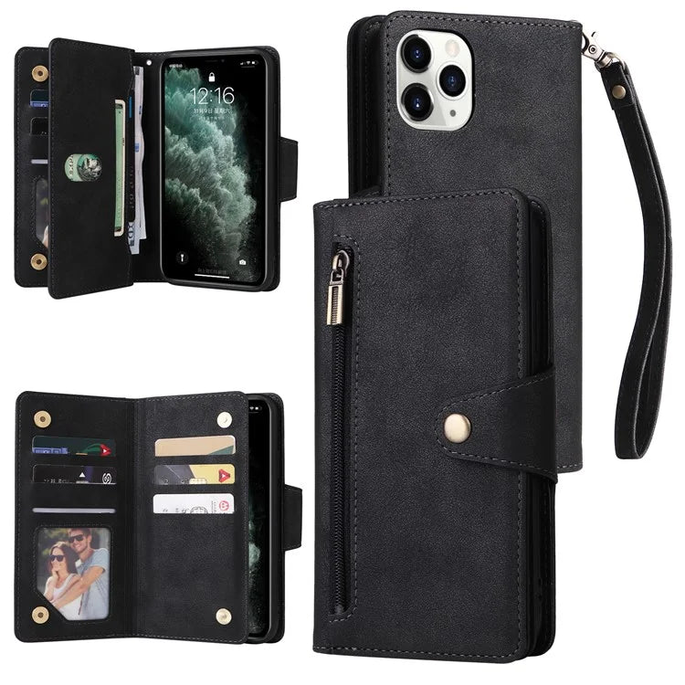 For iPhone 11 Pro Max Case PU Leather Wallet Card Slots Phone Cover with Rivet Decor