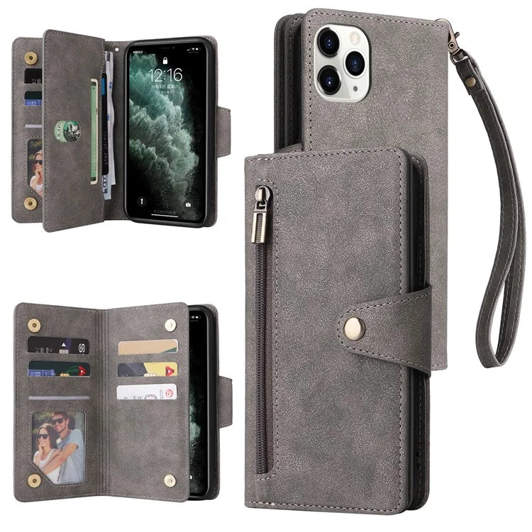 For iPhone 11 Pro Max Case PU Leather Wallet Card Slots Phone Cover with Rivet Decor