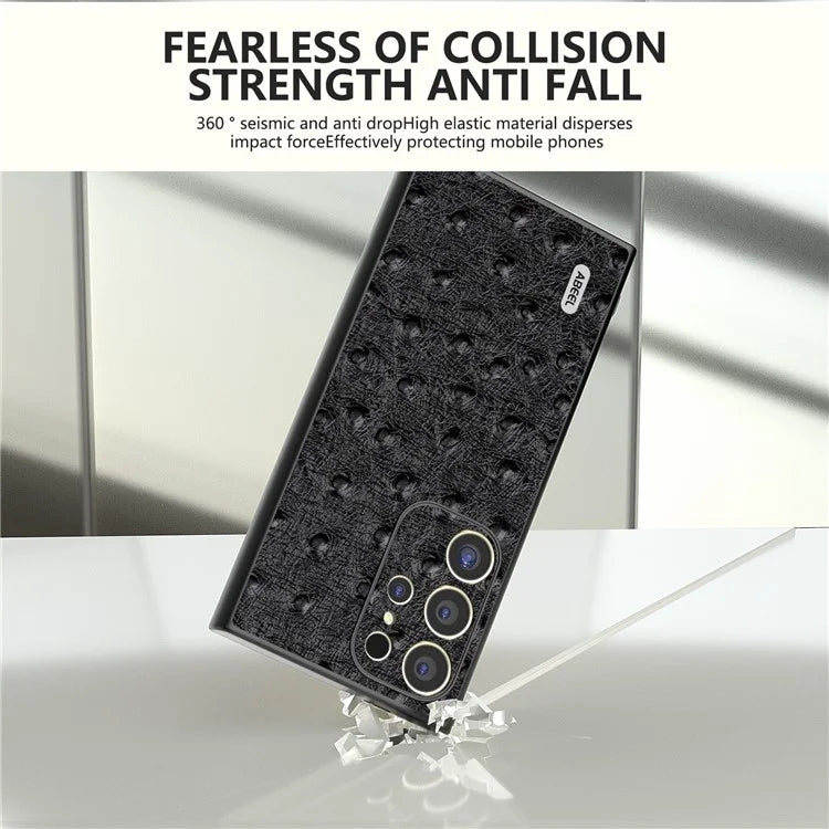 ABEEL For Samsung Galaxy S24 Ultra Case Ostrich Pattern Genuine Cow Leather Back Phone Cover
