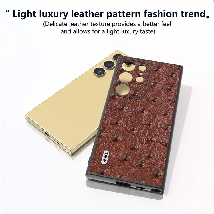 ABEEL For Samsung Galaxy S24 Ultra Case Ostrich Pattern Genuine Cow Leather Back Phone Cover