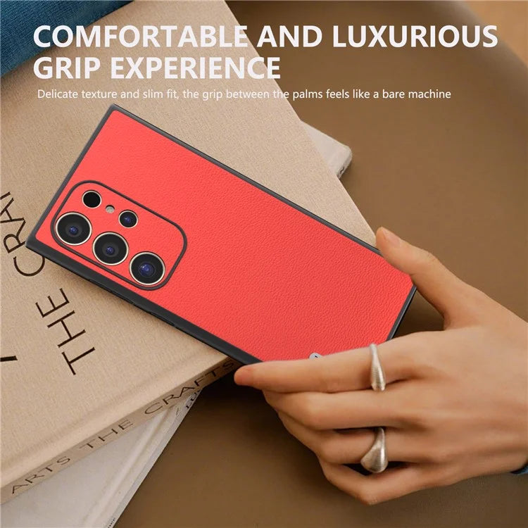 ABEEL For Samsung Galaxy S24 Ultra Case Genuine Cow Leather Litchi Texture Phone Back Cover