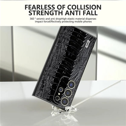 ABEEL For Samsung Galaxy S24 Ultra Case Crocodile Texture Genuine Cow Leather+PC+TPU Cover