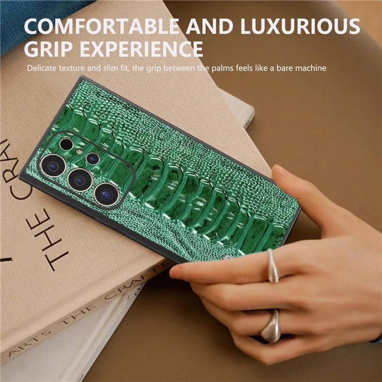 ABEEL For Samsung Galaxy S24 Ultra Case Crocodile Texture Genuine Cow Leather+PC+TPU Cover