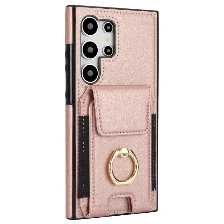 For Samsung Galaxy S24 Ultra Case with Ring Kickstand Leather Coated TPU Phone Cover
