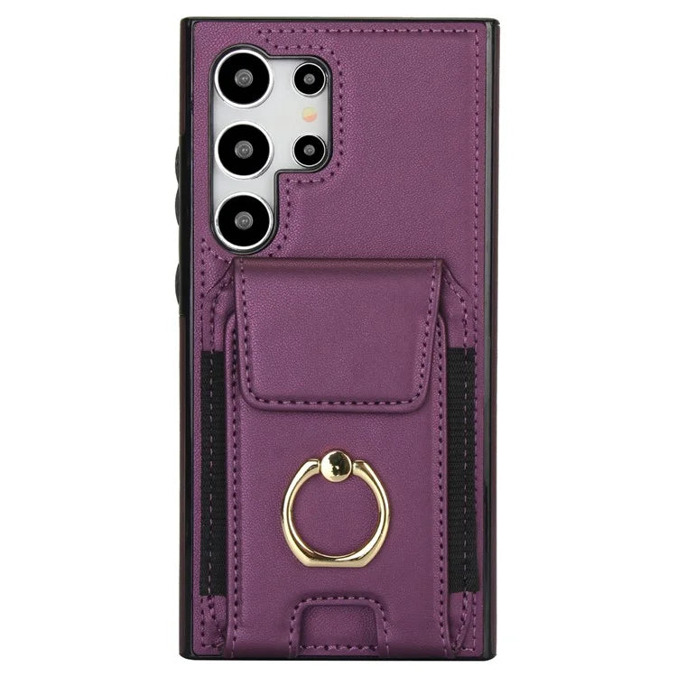 For Samsung Galaxy S24 Ultra Case with Ring Kickstand Leather Coated TPU Phone Cover