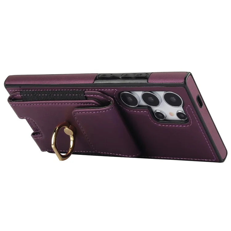 For Samsung Galaxy S24 Ultra Case with Ring Kickstand Leather Coated TPU Phone Cover