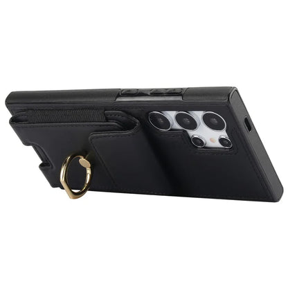 For Samsung Galaxy S24 Ultra Case with Ring Kickstand Leather Coated TPU Phone Cover