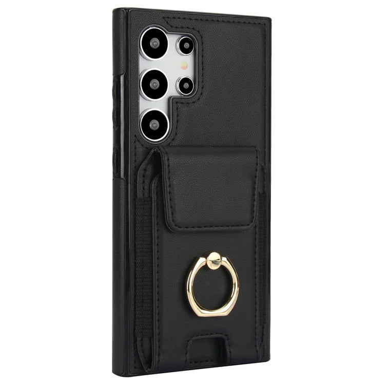For Samsung Galaxy S24 Ultra Case with Ring Kickstand Leather Coated TPU Phone Cover