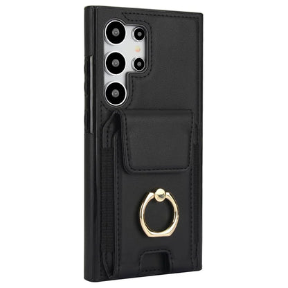 For Samsung Galaxy S24 Ultra Case with Ring Kickstand Leather Coated TPU Phone Cover