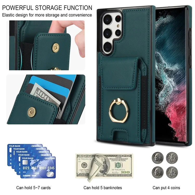 For Samsung Galaxy S22 Ultra 5G Case Card Holder Leather Coated TPU Kickstand Cover