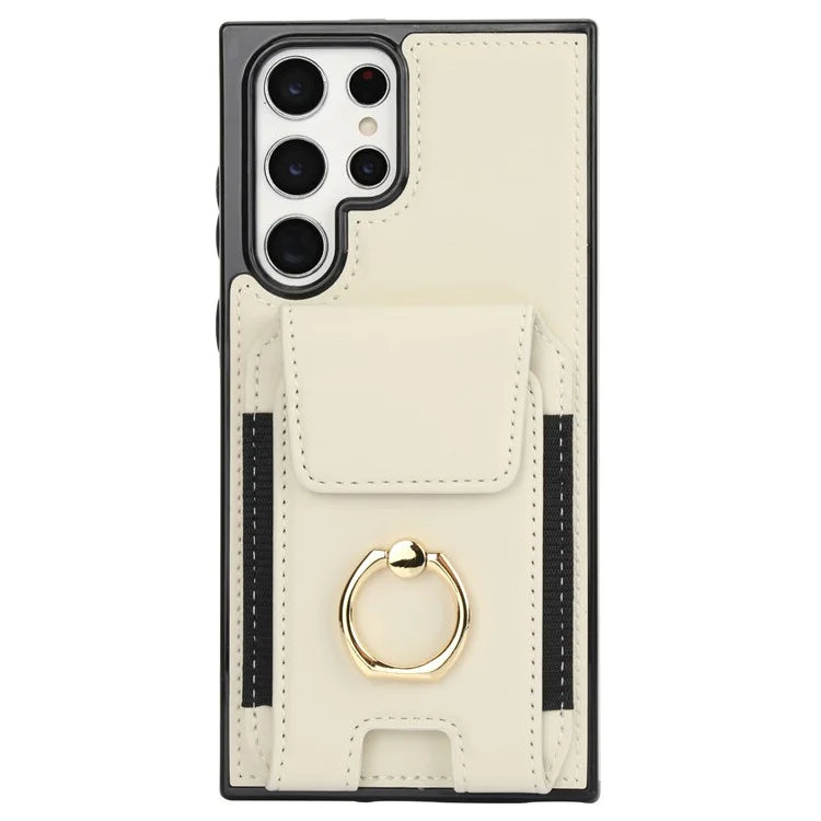 For Samsung Galaxy S22 Ultra 5G Case Card Holder Leather Coated TPU Kickstand Cover
