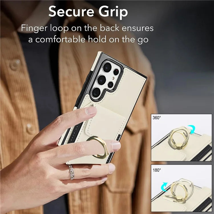 For Samsung Galaxy S22 Ultra 5G Case Card Holder Leather Coated TPU Kickstand Cover