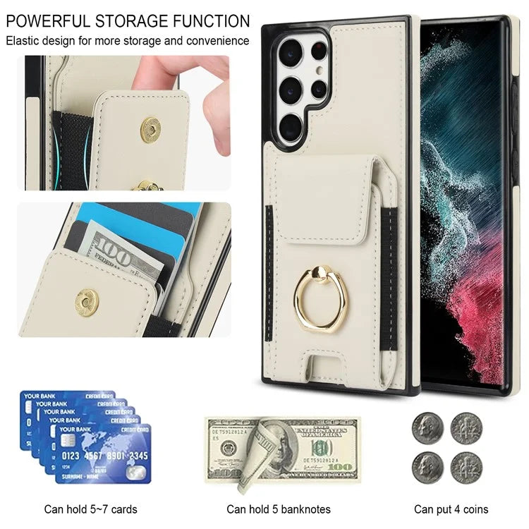 For Samsung Galaxy S22 Ultra 5G Case Card Holder Leather Coated TPU Kickstand Cover