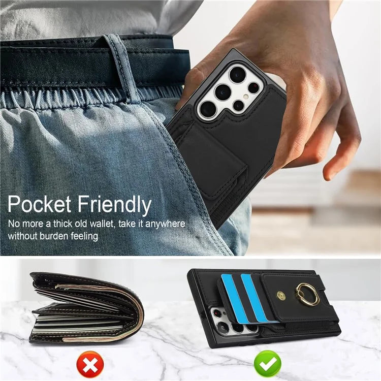 For Samsung Galaxy S22 Ultra 5G Case Card Holder Leather Coated TPU Kickstand Cover