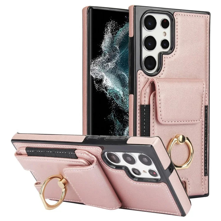 For Samsung Galaxy S22 Ultra 5G Case Card Holder Leather Coated TPU Kickstand Cover