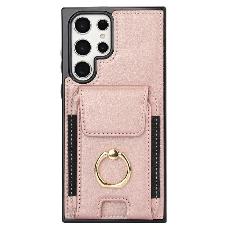 For Samsung Galaxy S22 Ultra 5G Case Card Holder Leather Coated TPU Kickstand Cover