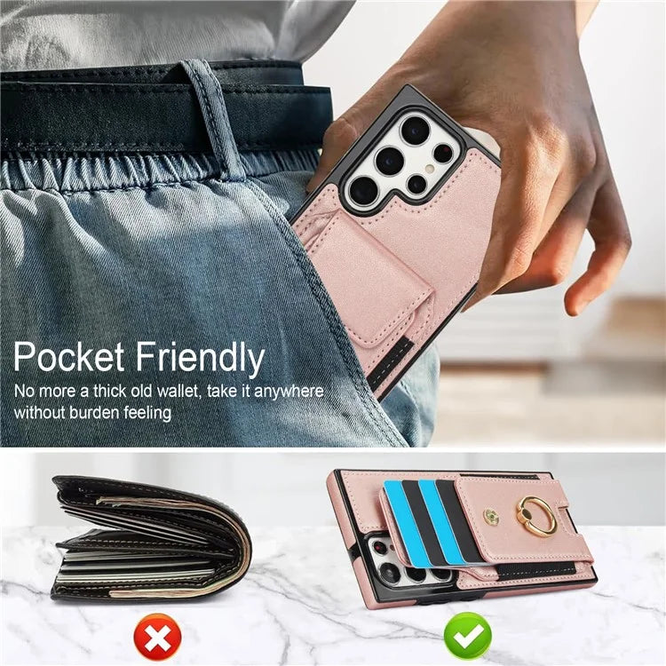 For Samsung Galaxy S22 Ultra 5G Case Card Holder Leather Coated TPU Kickstand Cover