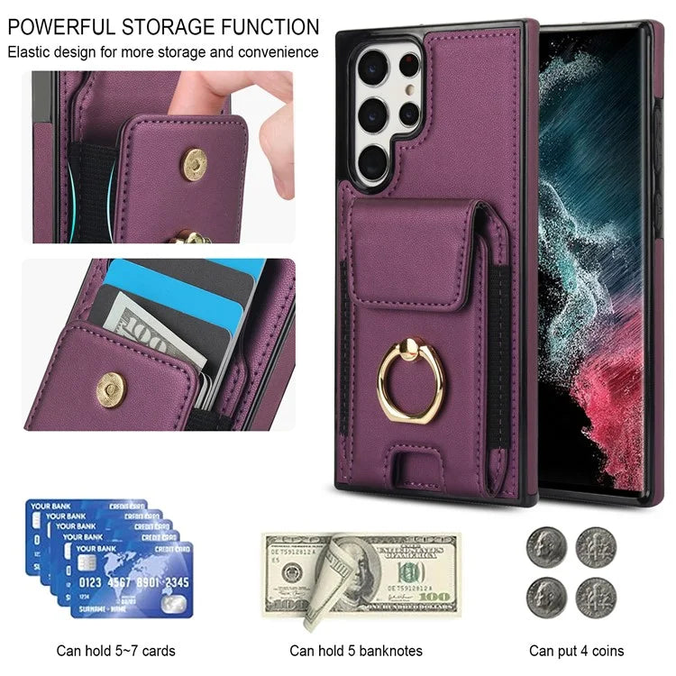 For Samsung Galaxy S22 Ultra 5G Case Card Holder Leather Coated TPU Kickstand Cover