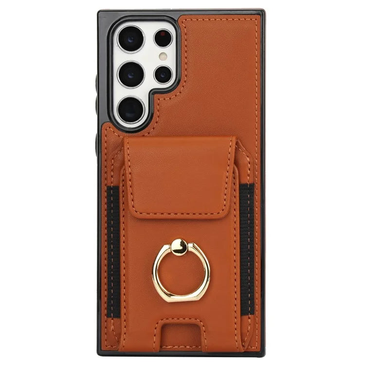 For Samsung Galaxy S22 Ultra 5G Case Card Holder Leather Coated TPU Kickstand Cover