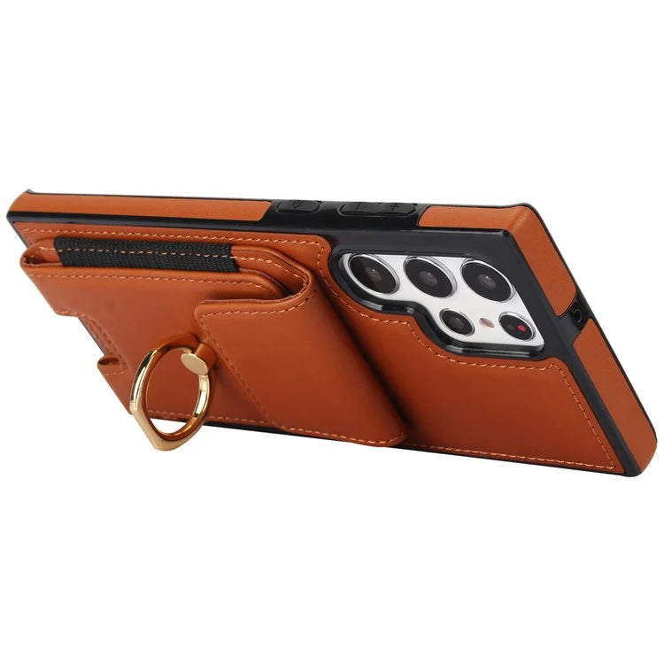 For Samsung Galaxy S22 Ultra 5G Case Card Holder Leather Coated TPU Kickstand Cover
