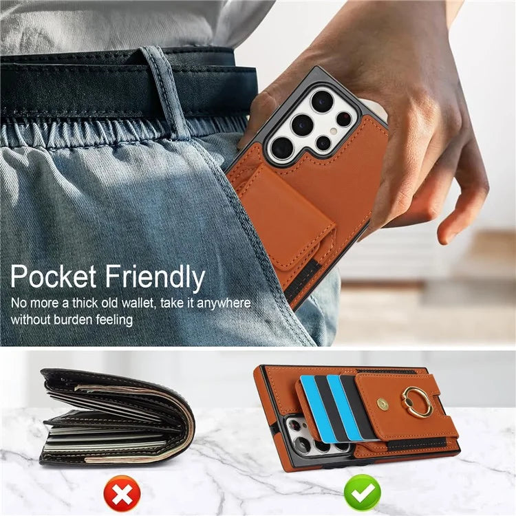 For Samsung Galaxy S22 Ultra 5G Case Card Holder Leather Coated TPU Kickstand Cover